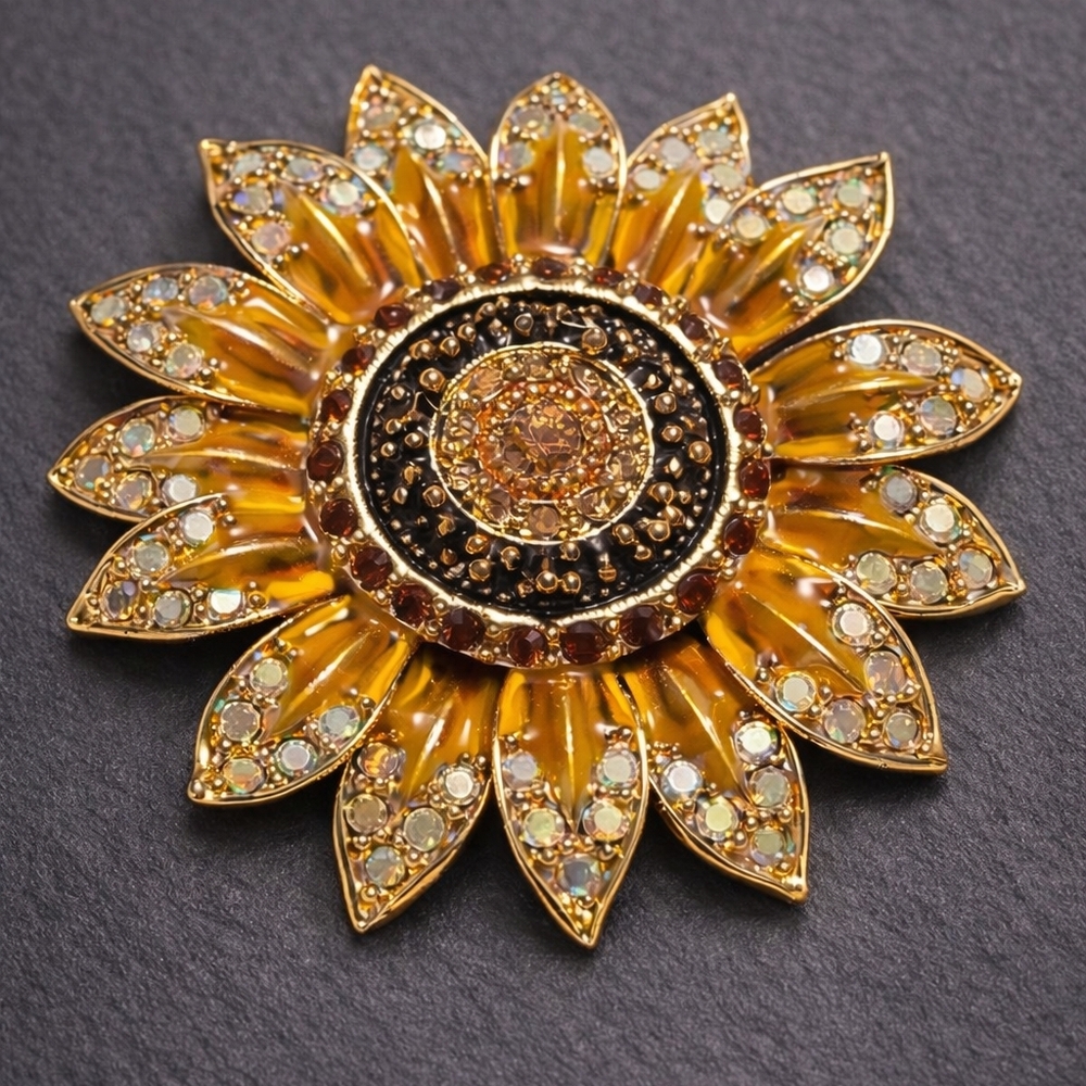 Old Money Cottagecore Sunflower Rhinestone Gold Tone Statement Brooch